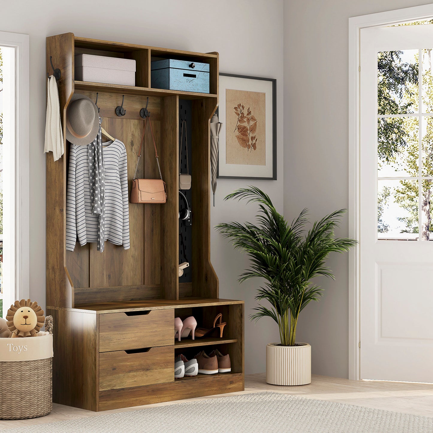 Hall Tree With 6 Hooks,Coat Hanger, Entryway Bench, Storage Bench,for Entrance, Hallwa,brown