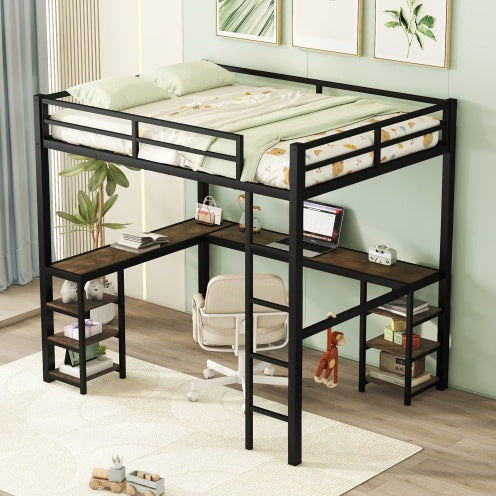 Full Metal Loft Bed With Desk And Shelves, Loft Bed With Ladder And Guardrails, Loft Bed Frame For Bedroom